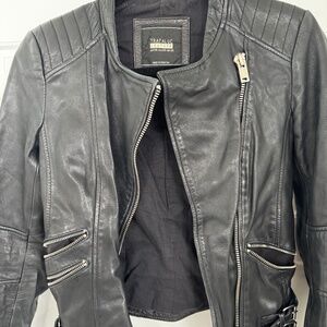 Zara Trafaluc Genuine Leather Black Moto Black Zip Jacket - XS